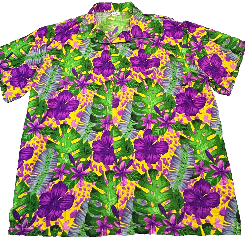 King Kameha Hawaiian Shirt Men 3XL Purple Hibiscus Tropical Floral Yellow